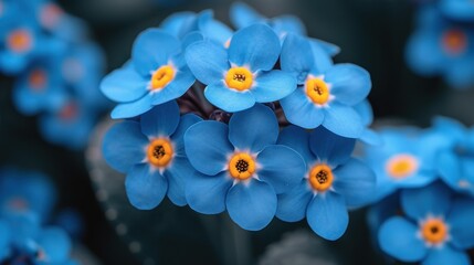  a group of blue flowers with yellow centers on a black background with a blurry image of the center of the flower and the center of the flower is surrounded by smaller blue petals.