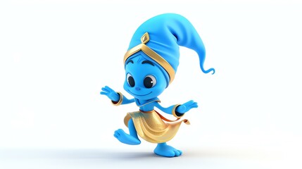 This is a 3D rendering of a cute and friendly genie. He is blue and has a big head with a golden turban.