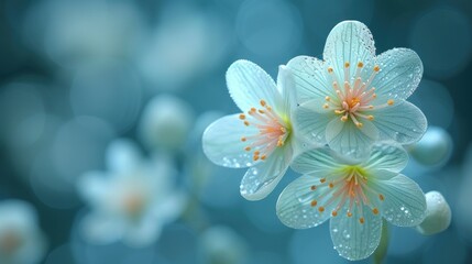  a close up of a flower with drops of water on it's petals and a blurry background of blue and white flowers in the middle of the image.