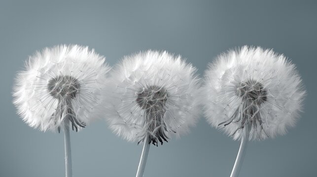  three white dandelions blowing in the wind on a gray and blue background with a black and white image in the middle of the dandelion of the dandelion.