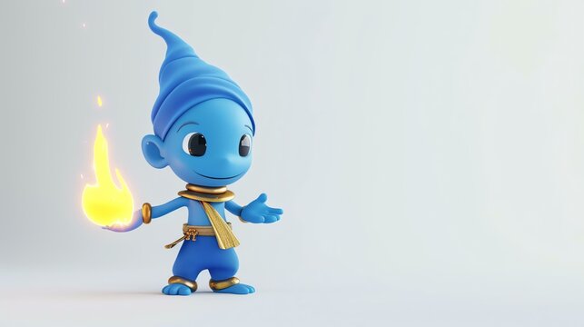 A cute blue genie is standing on a white background. He is wearing a blue hat and a yellow scarf.