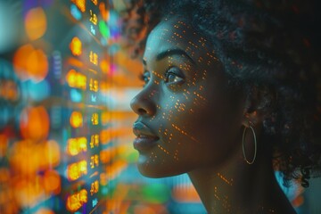 A mesmerizing portrait of a woman captured in a moment of contemplation, her human face illuminated by the glow of the screen as she delves into the depths of art and self-reflection