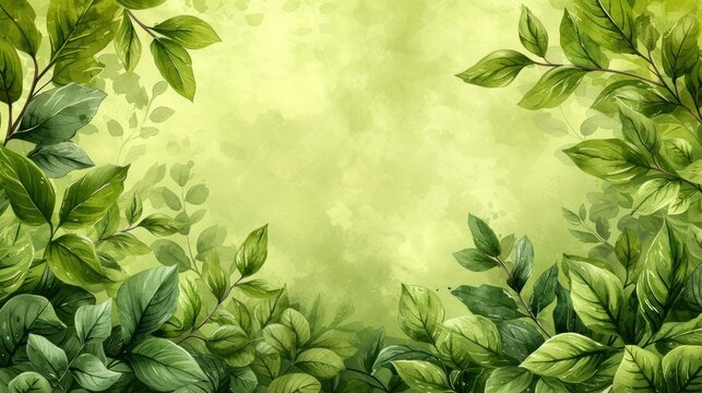  a painting of green leaves on a light green background with a place for a text or an image to put on a t - shirt or a t - shirt.