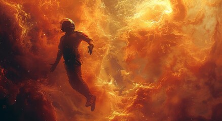 A fearless firefighter in a space suit soars through a fiery amber sky, determined to save lives no matter the challenge - obrazy, fototapety, plakaty