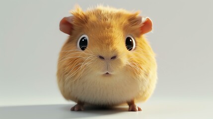 Cute and cuddly guinea pig looking at the camera with big eyes. The guinea pig has light brown fur and a white belly.