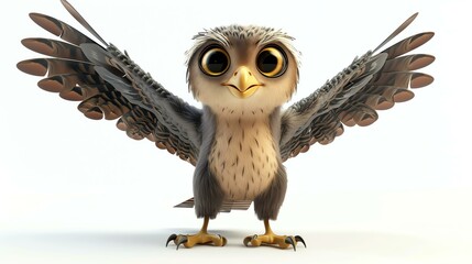 A cute and fluffy baby owl with big eyes and a friendly expression. The owl is standing on a branch with its wings spread open.