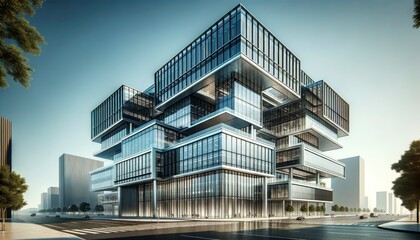Modern building showcasing sleek lines, glass facades, and innovative design. The structure stands prominently against a clear blue sky, reflecting its surroundings. AI Generative