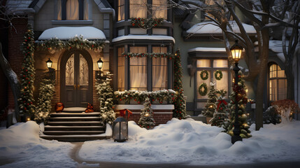 christmas house with decorations in the winter street in the evening
