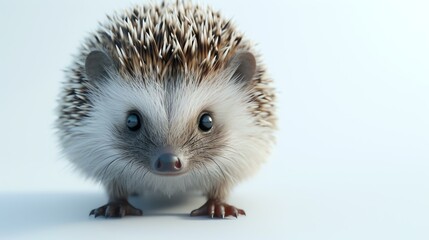 A cute and curious baby hedgehog sits on a white background, looking up at the camera with its big, round eyes.