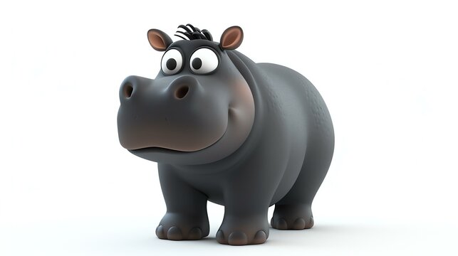 3D rendering of a cute and friendly hippopotamus, standing on a white background and looking at the camera with a curious expression.