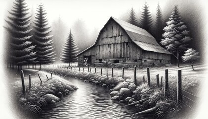 A pencil drawing showcasing a serene countryside landscape with a rustic barn, tall trees, and a meandering stream. The intricate details highlight the artist's craftsmanship. AI Generated
