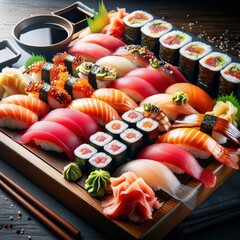 A sushi platter arranged on a wooden board, showcasing a variety of sushi types and complemented by garnishes like pickled ginger, wasabi, and soy sauce. AI Generative