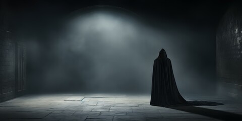 Shadowy figure in cloak against ominous background with room for text. Concept Dark Photography, Mysterious Characters, Ominous Atmosphere, Text Space - obrazy, fototapety, plakaty