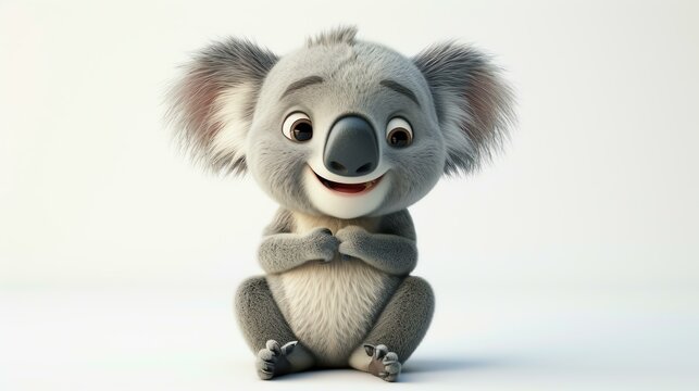 A cute and cuddly koala sits on a white background. The koala has big, round eyes and a friendly smile.