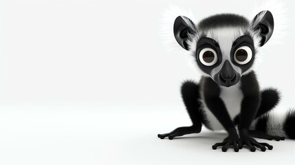 A cute and cuddly lemur sits on a white background, looking at the camera with its big, round eyes.