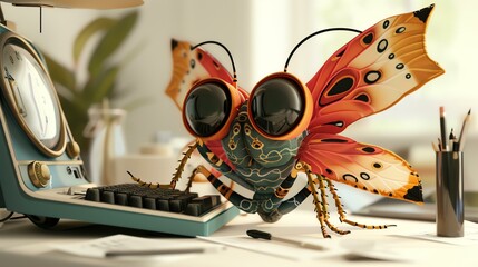 A cute bug sits on a desk in front of a typewriter. The bug has a surprised expression on its face. The typewriter is old and dusty.