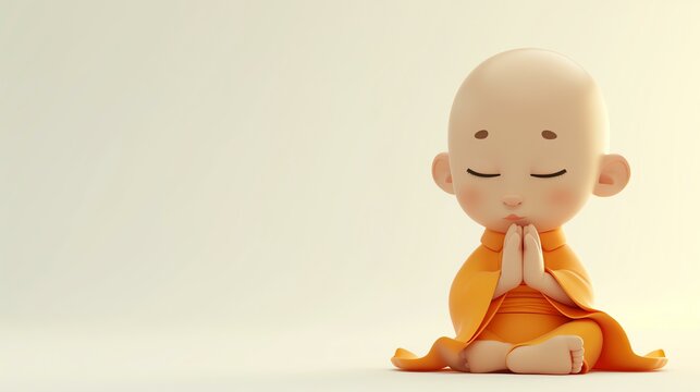 Little cute monk is praying. 3D rendering.