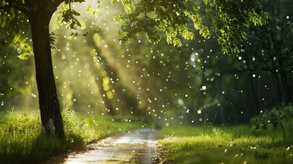 a tree, path and sunlight in the forest, bokeh style, lush landscape background
