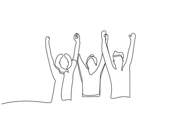 three friends people rejoice celebrating victory success happy one line art design