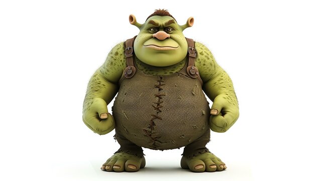 3D illustration of a funny cartoon ogre. The ogre is green, has big ears, and is wearing a brown vest.