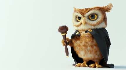 A wise owl wearing a black cape and holding a judge's gavel in its talons, with a serious expression on its face.