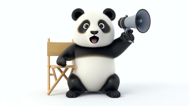 3D rendering of a cute cartoon panda sitting on a director's chair and holding a megaphone. The panda has its mouth open and is looking to the side.
