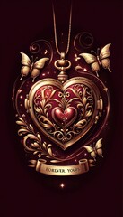 An illustrated card featuring a heart-shaped locket set against a rich burgundy background, with whimsical butterflies and the phrase 'Forever Yours' gracefully written at the base. AI Generative
