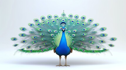 A stunningly beautiful peacock spreads its vibrant feathers in a dazzling display of color and symmetry.