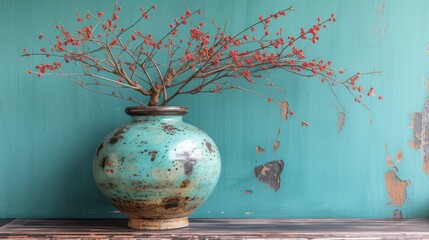  a vase with red flowers in it sitting on a shelf in front of a blue wall with peeling paint on the walls and peeling paint peeling paint on the walls.