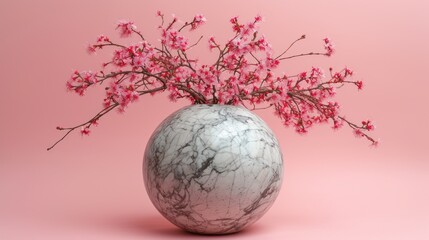  a marble vase with pink flowers in it on a pink background with a pink background behind the vase is a white marble vase with pink flowers in it's.