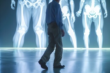 Man walking with hip issues: A medical scan reveals discomfort. Concept Medical Concern, Hip Issues, Walking Difficulties, Diagnostic Imaging, Health Condition