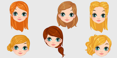 Set of cute girls with different hairstyles and color Vector