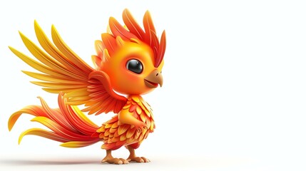 A cute and colorful phoenix chick stands on one leg, its wings spread wide. The phoenix is a symbol of hope, renewal, and transformation.