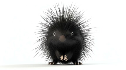 3D rendering of a cute porcupine with black fur and white belly standing on all four paws and looking at the camera with a curious expression.