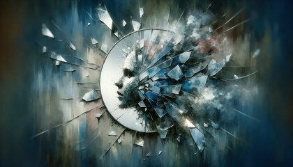 An artistic depiction of a shattered mirror, with each fragment reflecting a different emotion, symbolizing the fragmented perception of someone battling depression. AI Generative