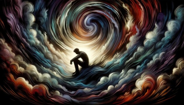 An illustration capturing the overwhelming feeling of being consumed by one's emotions, represented by a lone figure surrounded by a whirlwind of dark, swirling colors. AI Generative