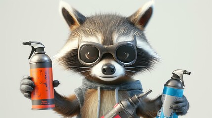 A raccoon wearing aviator goggles is holding two spray paint cans. - obrazy, fototapety, plakaty