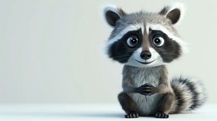 Cute and cuddly raccoon sits on a white background. The raccoon has big, round eyes and a bushy tail.