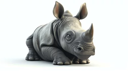  A cute baby rhinoceros is resting on the ground. It has a big head with a small horn and big ears. Its skin is gray and wrinkled. © Farm