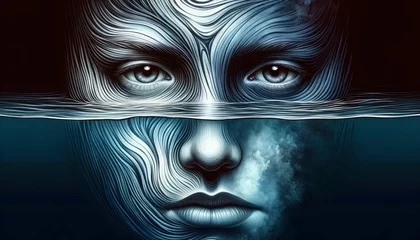 Fotobehang A portrayal of a face, half submerged in water, capturing the duality of external composure and internal turmoil. AI Generative © Interior Design