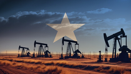 Oil production in the Somalia. Oil platform on the background of the Somalia flag. Somalia flag and oil rig. Somalia fuel market. - obrazy, fototapety, plakaty