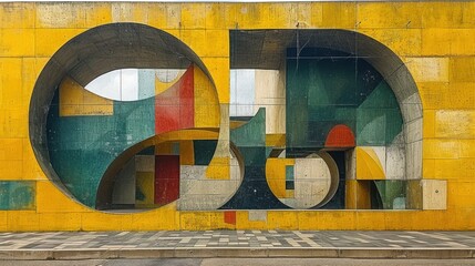  a yellow wall with a large abstract painting on it's side and a bench in front of the wall and a person walking on the sidewalk in front of it.