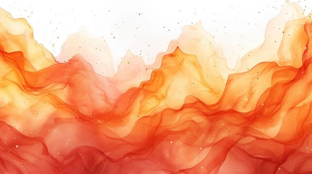  an abstract painting of orange, yellow and red waves on a white background with a splash of water on the left side of the image and the right side of the image.