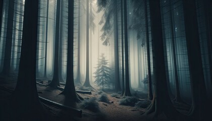 Dense forest enveloped in fog, with tall trees casting long shadows on the ground. The muted color palette and the obscured vision capture a moody, mysterious ambiance. AI Generated