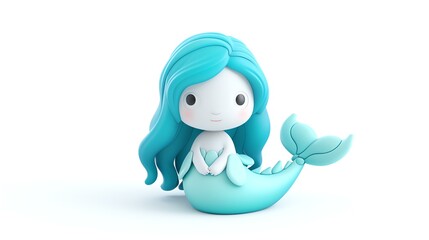 3D rendering of a cute cartoon mermaid with blue hair and tail. The mermaid is sitting on a rock with her hands clasped in front of her.