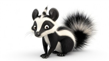A cute 3D rendering of a baby skunk. It has big eyes, a fluffy tail, and a black and white coat.