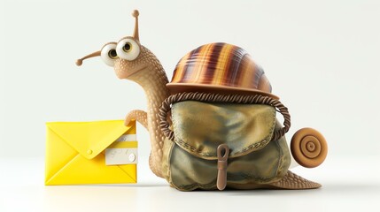 A cute snail wearing a brown shell and a brown bag is carrying a yellow letter in its hand.