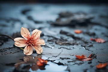 Naklejka na ściany i meble closeup fallen flower on beautiful stone floor textured background with copy space
