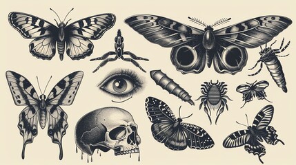 A collection of hand-drawn illustrations of butterflies, moths, and other insects. - obrazy, fototapety, plakaty