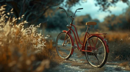 Fototapeten Vintage Red Bicycle Parked on a Serene Forest Path in Autumn © Viktorikus